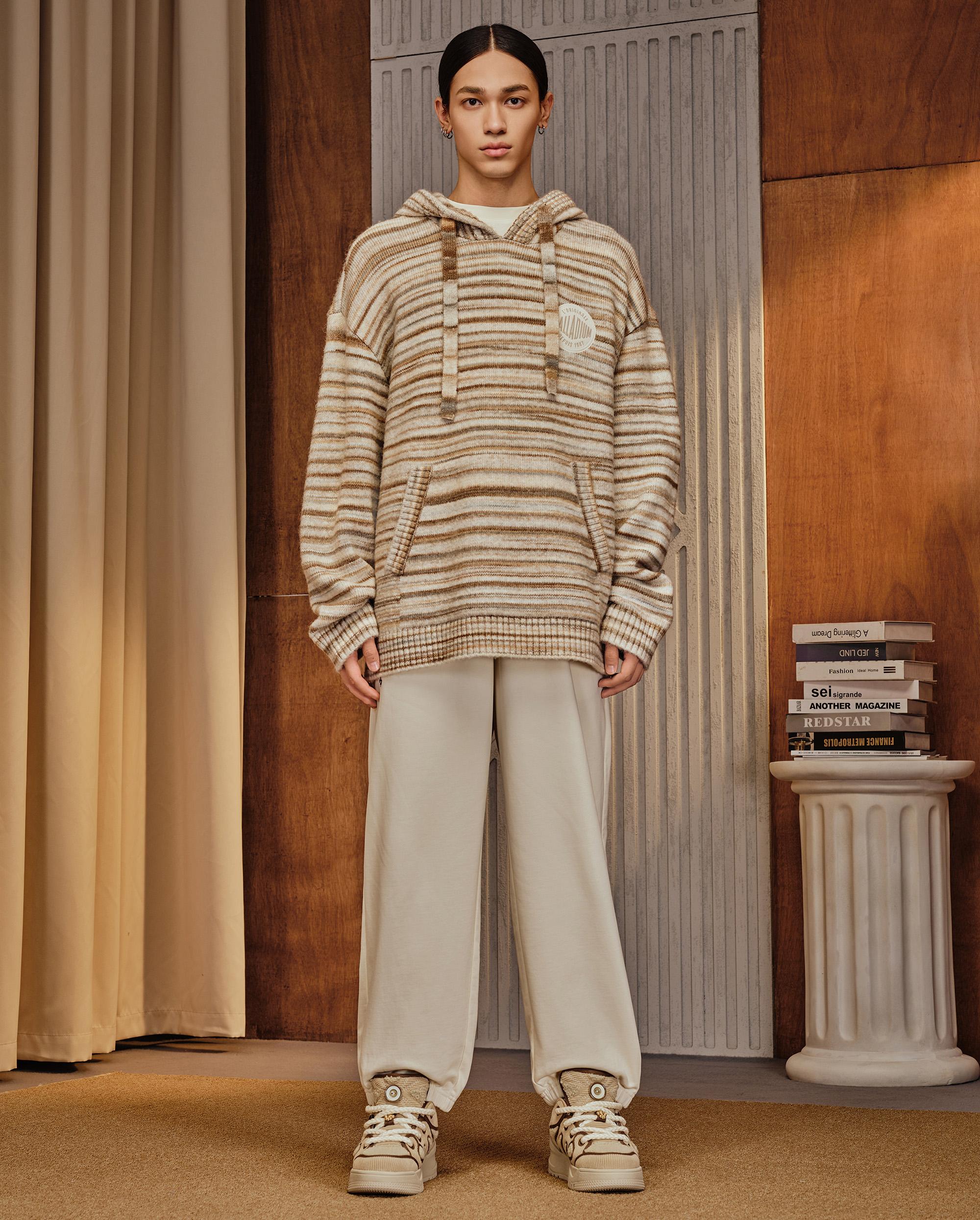 1010676-741 | MEN'S PALLADIUM LOGO STRIPED HOODED SWEATER | KHAKI/WHITE - Image 3