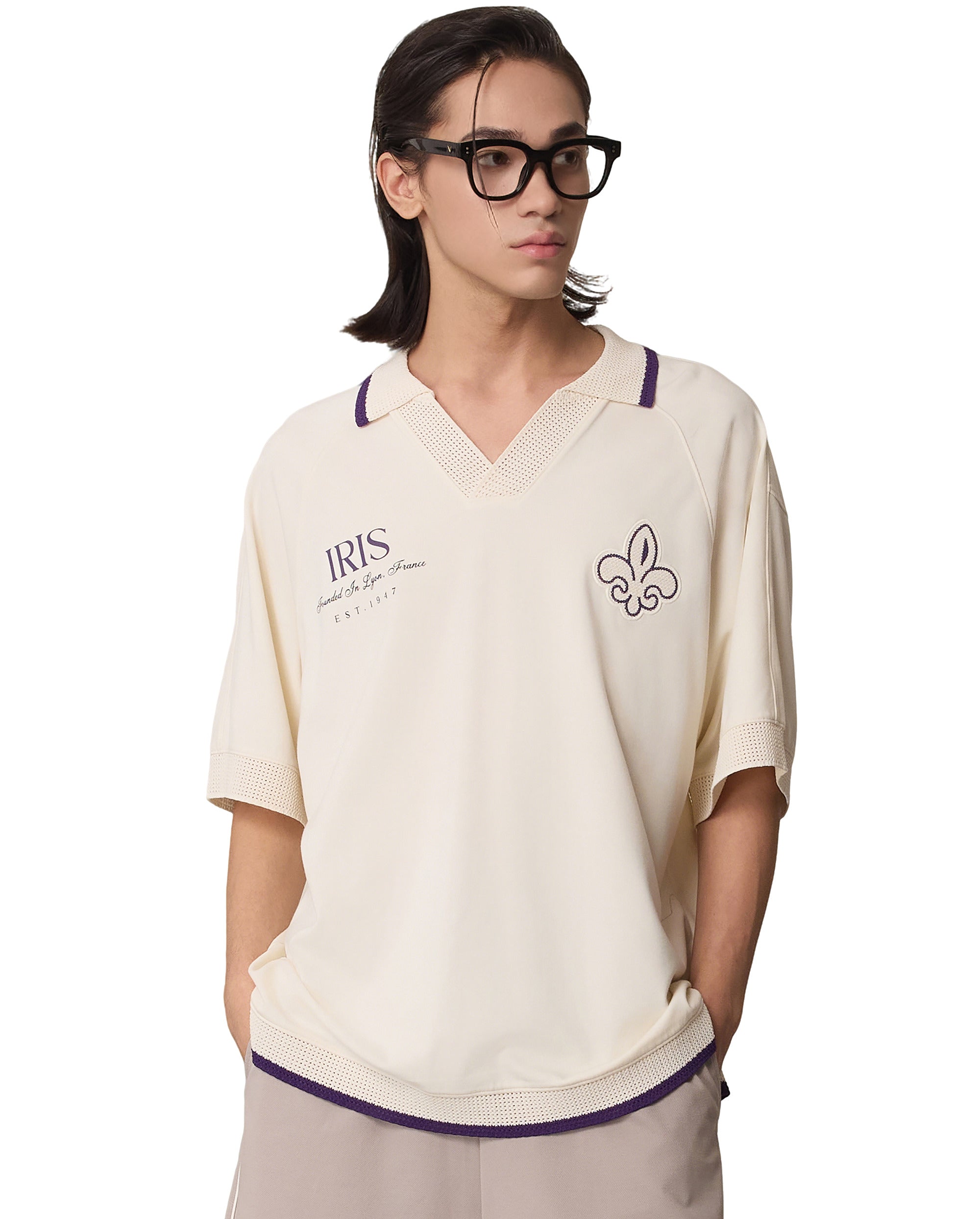 1011320-232 | MEN'S IRIS LOGO LOOSE FIT V-NECK POLO SHIRT | VANILLA ICE