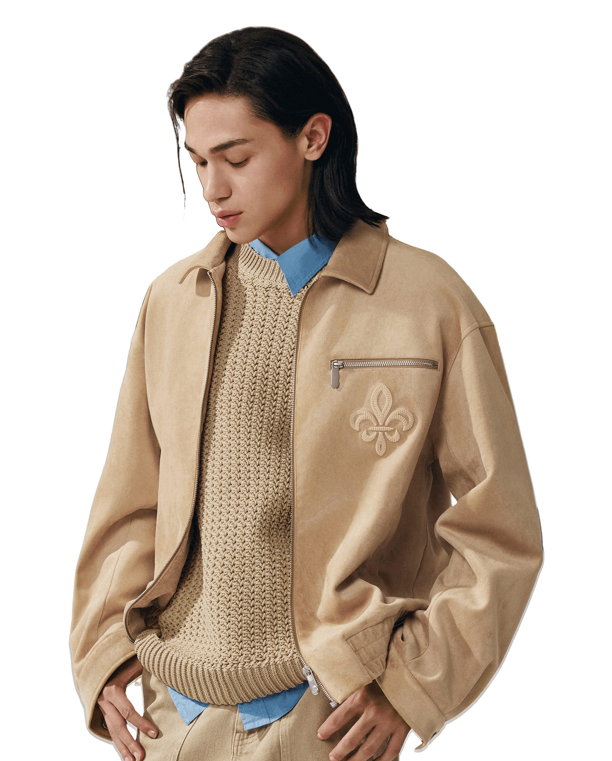 1011824-228 | MEN'S IRIS LOGO FAUX SUEDE LOOSE FIT JACKET | TRAVERTINE