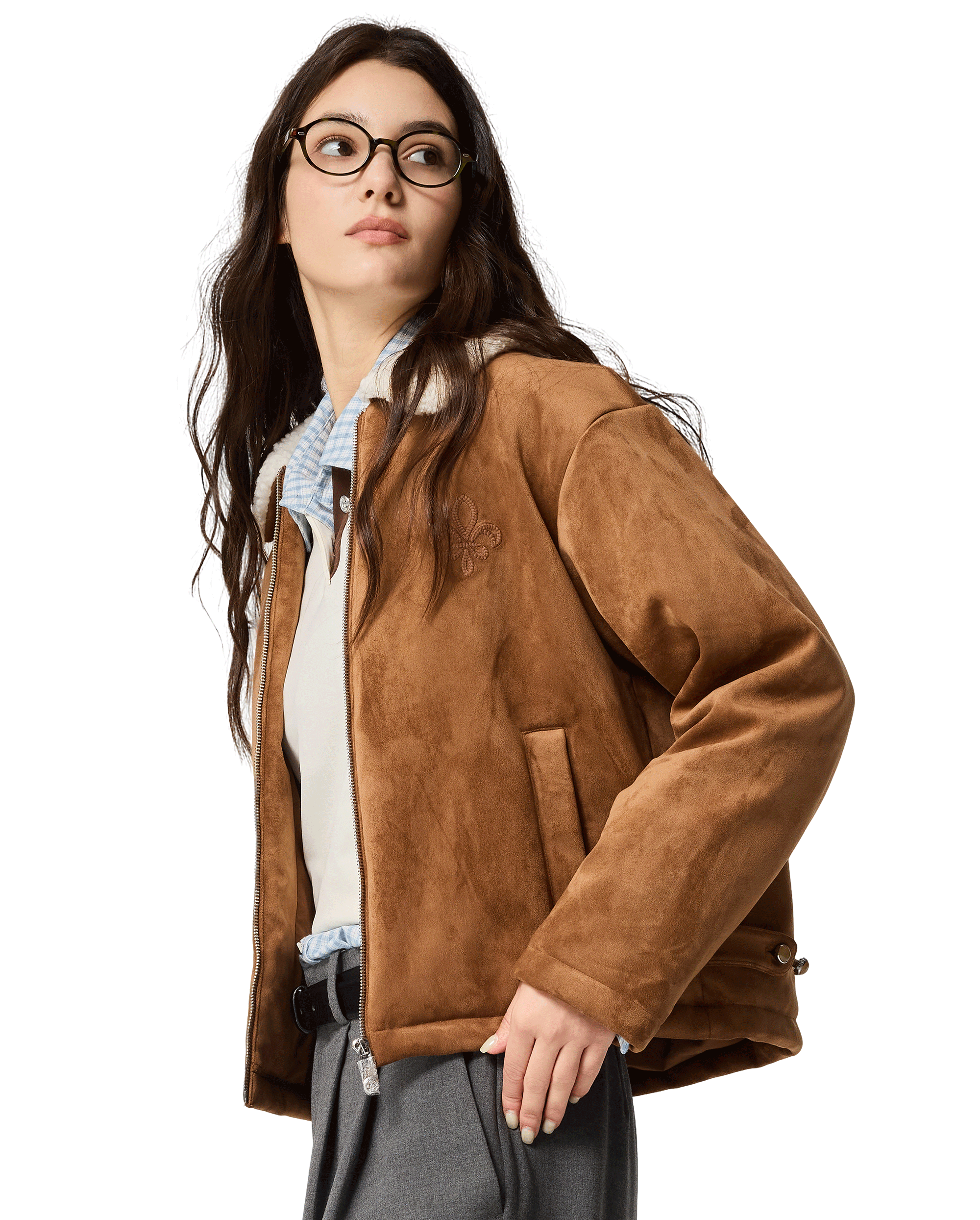 1911915-238 | WOMEN'S IRIS LOGO FAUX SUEDE FLEECE COLLAR JACKET | DACHSHUND