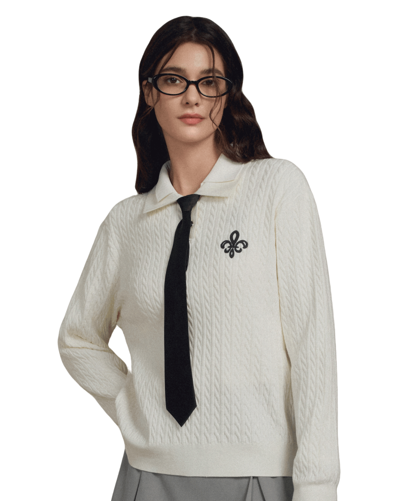 1911980-232 | WOMEN'S IRIS LOGO CABLE-KNIT POLO SWEATER | VANILLA ICE